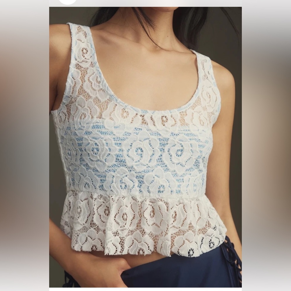 Maeve White Lace Peplum Tank blue striped tube lining S cottagecore coquette